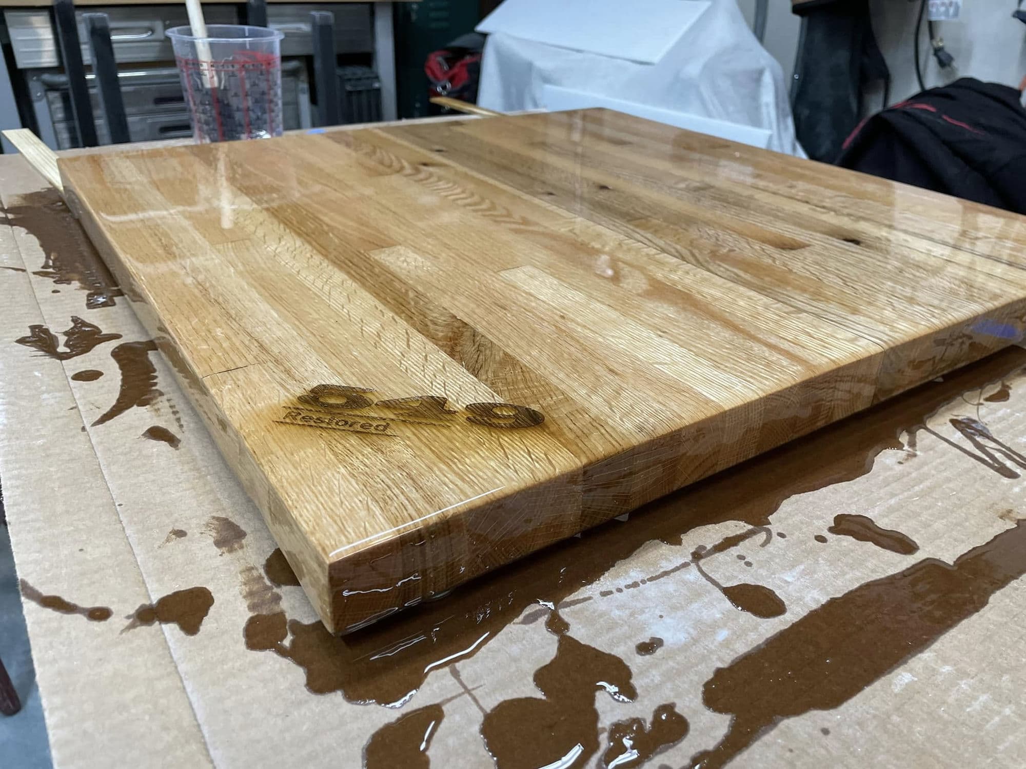 Branded oak cutting board with 549 Restored burn